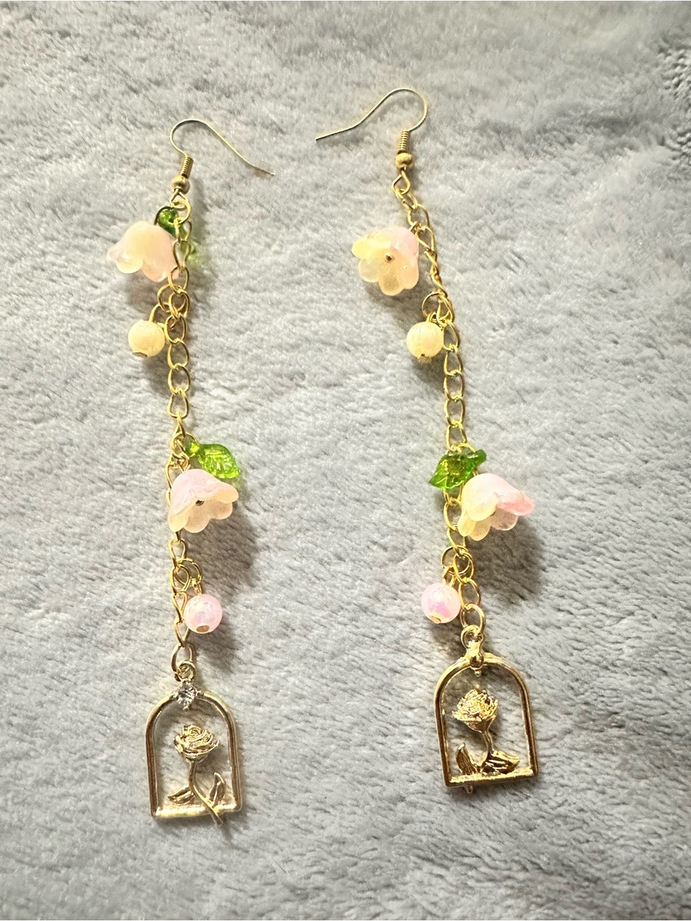 Gold Tone Floral Dangle Earrings with Pink Flower Accents